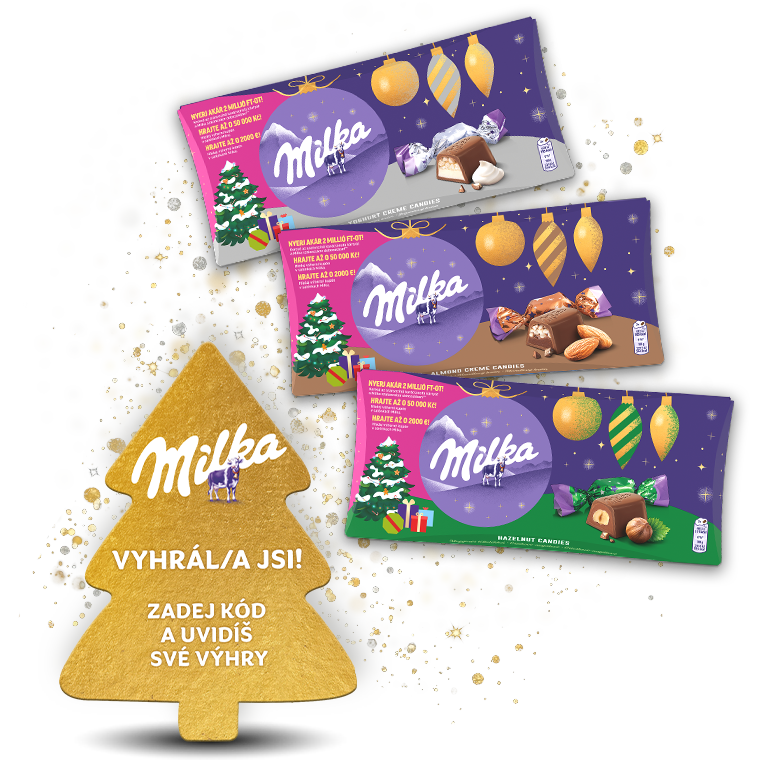 Krabičky Milka Salonky a zlatý výherní kupón ve tvaru vánočního stromku